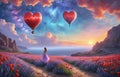 girl looking at red hot air balloons. Balloons in shape of heart flying in the sunset sky. Wedding, Valentine, love concept. Royalty Free Stock Photo