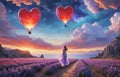 girl looking at red hot air balloons. Balloons in shape of heart flying in the sunset sky. Wedding, Valentine, love concept. Royalty Free Stock Photo