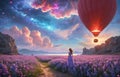 girl looking at red hot air balloons. Balloons in shape of heart flying in the sunset sky. Wedding, Valentine, love concept. Royalty Free Stock Photo