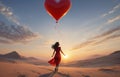 girl looking at red hot air balloons. Balloons in shape of heart flying in the sunset sky. Wedding, Valentine, love concept. Royalty Free Stock Photo