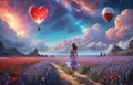 girl looking at red hot air balloons. Balloons in shape of heart flying in the sunset sky. Wedding, Valentine, love concept. Royalty Free Stock Photo