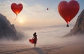 girl looking at red hot air balloons. Balloons in shape of heart flying in the sunset sky. Wedding, Valentine, love concept. Royalty Free Stock Photo