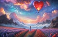 girl looking at red hot air balloons. Balloons in shape of heart flying in the sunset sky. Wedding, Valentine, love concept. Royalty Free Stock Photo
