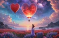girl looking at red hot air balloons. Balloons in shape of heart flying in the sunset sky. Wedding, Valentine, love concept. Royalty Free Stock Photo