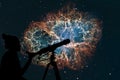 Girl looking at the stars with telescope. Crab Nebula Royalty Free Stock Photo