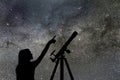 Girl looking at the stars. Telescope Milky Way Royalty Free Stock Photo