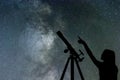 Girl looking at the stars. Telescope Milky Way Royalty Free Stock Photo