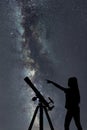 Girl looking at the stars. Telescope Milky Way Royalty Free Stock Photo