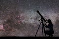 Girl looking at the stars with telescope. Milky Way galaxy. Royalty Free Stock Photo