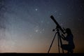 Girl looking at the stars with telescope. Milky Way galaxy. Royalty Free Stock Photo