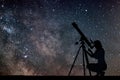 Girl looking at the stars with telescope. Milky Way galaxy. Royalty Free Stock Photo