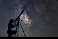 Girl looking at the stars with telescope. Milky Way galaxy. Royalty Free Stock Photo