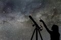 Girl looking at the stars. Telescope Milky Way Royalty Free Stock Photo