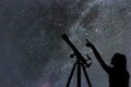 Girl looking at the stars. Telescope Milky Way Royalty Free Stock Photo