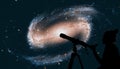 Girl looking at the stars with telescope. Spiral galaxy