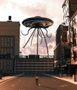 Girl looking at UFO saucer in abandoned city