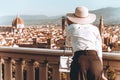 Girl looks at the panorama of Florence through a binoscope. The concept of tourism, travel Royalty Free Stock Photo