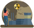 Girl looks at planet destroyed by radioactive emissions. Energy production factory pollutes air