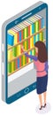 Girl looks at screen with virtual bookshelves and stacks of books. Woman chooses book in online library