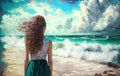 Girl Looks at Sea on a Windy Day, Cloudy Sky, Looking at Ocean Horizon, Meditation, Generative AI Illustration