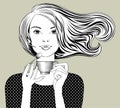 Girl with loose flowing hair holding in her hands a coffee cup and spoon Royalty Free Stock Photo