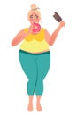 A girl with a lot of weight eating a donut and ice cream. Obesity, diet. Size plus. Harmful way of life. Vector graphics