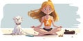 A girl in lotus pose on serene beach, practicing yoga with dog nearby. Cartoon style