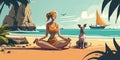 A girl in lotus pose on serene beach, practicing yoga with dog nearby. Cartoon style illustration