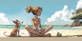 A girl in lotus pose on serene beach, practicing yoga with dog nearby. Cartoon style illustration