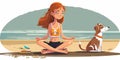 A girl in lotus pose on serene beach, practicing yoga with dog nearby. Cartoon style