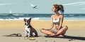 A girl in lotus pose on serene beach, practicing yoga with dog nearby. Cartoon style illustration