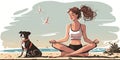 A girl in lotus pose on serene beach, practicing yoga with dog nearby. Cartoon style