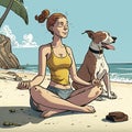 A girl in lotus pose on serene beach, practicing yoga with dog nearby. Cartoon style illustration