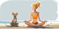 A girl in lotus pose on serene beach, practicing yoga with dog nearby. Cartoon style