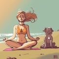 A girl in lotus pose on serene beach, practicing yoga with dog nearby. Cartoon style illustration