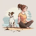 A girl in lotus pose on serene beach, practicing yoga with dog nearby. Cartoon style illustration