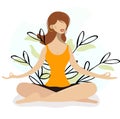 The girl in the lotus position is engaged in yoga in nature. A cute lady in a yellow T-shirt meditates against the