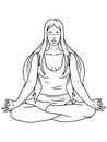 Girl in the lotus position. Isolated yoga. Coloring book, white background, black lines.