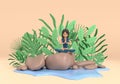 A girl in the lotus position on the rocks by the water among the leaves in the jungle in summer. Yoga in nature. 3D Render