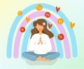 The girl in the lotus position sits on the background of the rainbow. A woman leads a healthy lifestyle, consumes foods