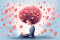 Girl in love sitting reading letter or book, hearts flying around, postcard for Valentine's Day. Generative AI Royalty Free Stock Photo