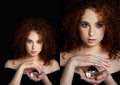 A girl with lush curly red hair. Holds in his hands a glass globe. Mystery,a premonition of the future. Collage