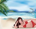 Girl lying on beach and dolphins Royalty Free Stock Photo