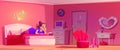 Girl lying in bedroom with groovy pink interior