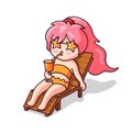 Girl lying on a deck chair and drinking a cocktail. Cute cartoon character for emoji, sticker, pin, patch, badge.