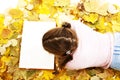 Girl lying down reading book with leaves around Royalty Free Stock Photo