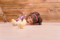 Girl lying on floor and watching for chickens Royalty Free Stock Photo