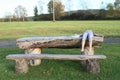 Girl lying on wooden table Royalty Free Stock Photo