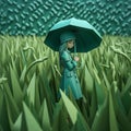 Girl made of 3d paper art standing in a green wheat field with an umbrella to avoid the rain. Generative Ai Royalty Free Stock Photo