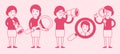 Girl with a magnifier. Searching woman set. Pink colour silhouette. Find with spyglass. Vector illustration